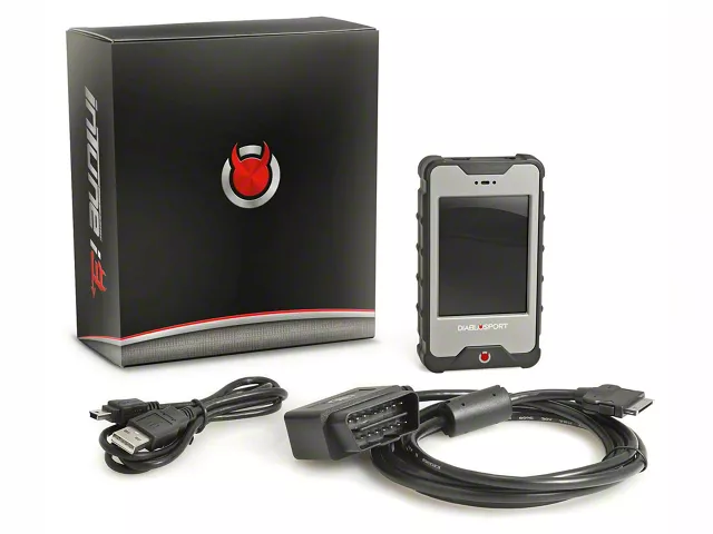 DiabloSport Trinity 2 EX performance tuner for a Dodge Challenger 392, featuring a touchscreen display, OBD-II cable, and custom tuning capabilities.