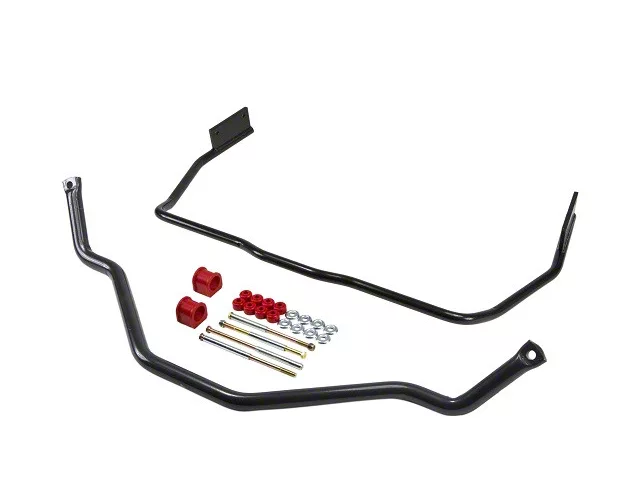 Front and rear sway bar kit for an SN95 Mustang, featuring tubular anti-roll bars, polyurethane bushings, mounting hardware, and end-link components designed to reduce body roll and improve handling.