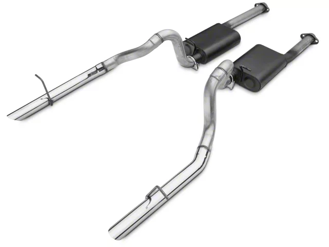 SN95 Mustang cat-back exhaust system featuring dual mufflers, mandrel-bent piping, and polished exhaust tips designed to improve exhaust flow and sound.
