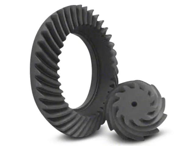 Ring and pinion gear set for an SN95 Mustang rear axle, featuring precision-cut gears designed to change the final drive ratio for improved acceleration or cruising performance.