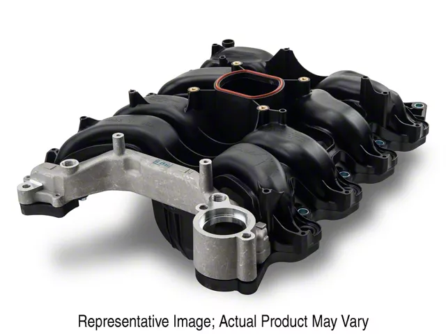 Plastic composite intake manifold for an SN95 Mustang V6 engine, featuring multiple intake runners, an aluminum coolant crossover section, and a central throttle body mounting opening.