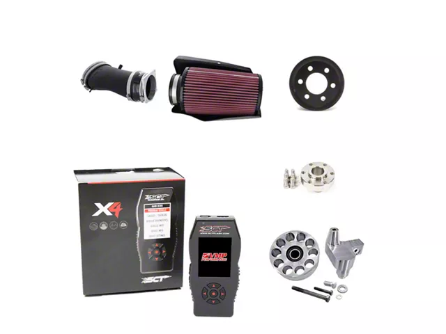 Cold air intake, SCT X4 tuner, and supercharger pulley upgrade kit for 2003&ndash;2004 Ford Mustang SVT Cobra.