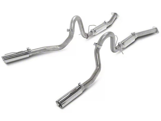 Stainless steel cat-back exhaust system with polished exhaust tips for a 1999&ndash;2004 Ford Mustang GT.