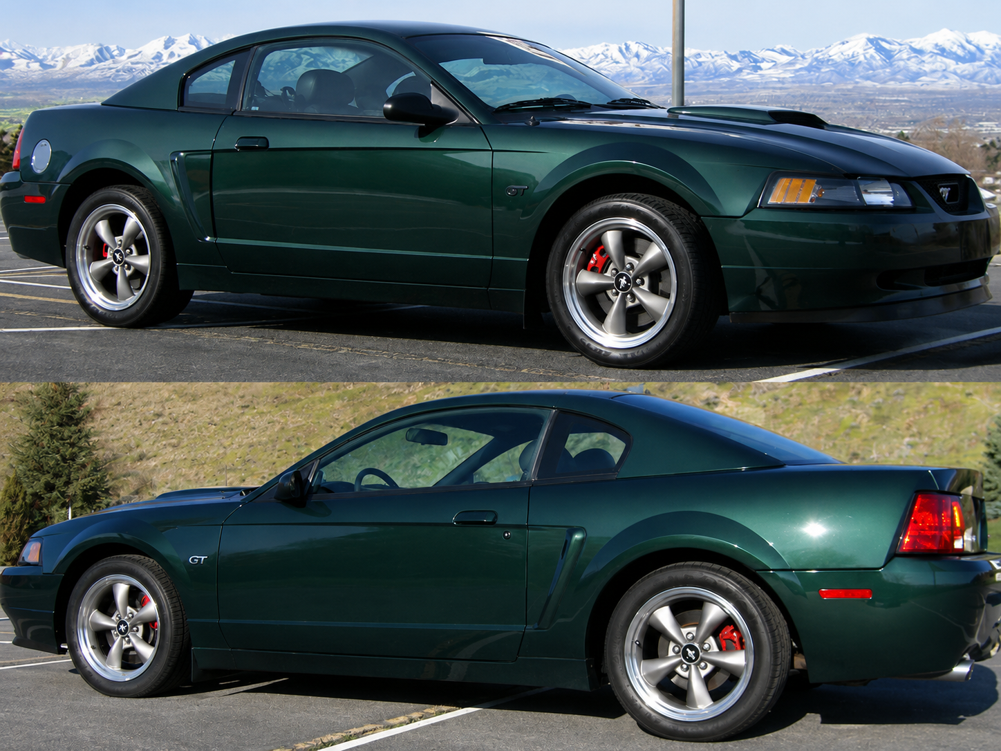 Modified dark green 2001 Bullitt Ford Mustang GT featuring Bullitt wheels, hood scoop, and performance-inspired styling.