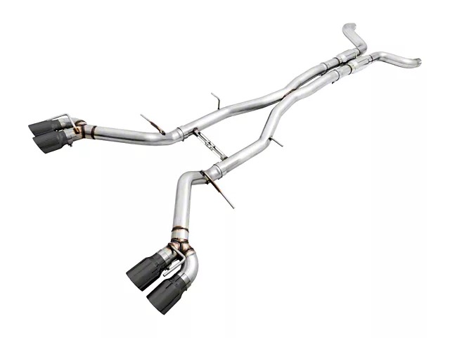 Corsa Performance quad-tip cat-back exhaust system for a Chevrolet Camaro, featuring stainless steel tubing and four black exhaust tips for improved performance and aggressive styling.