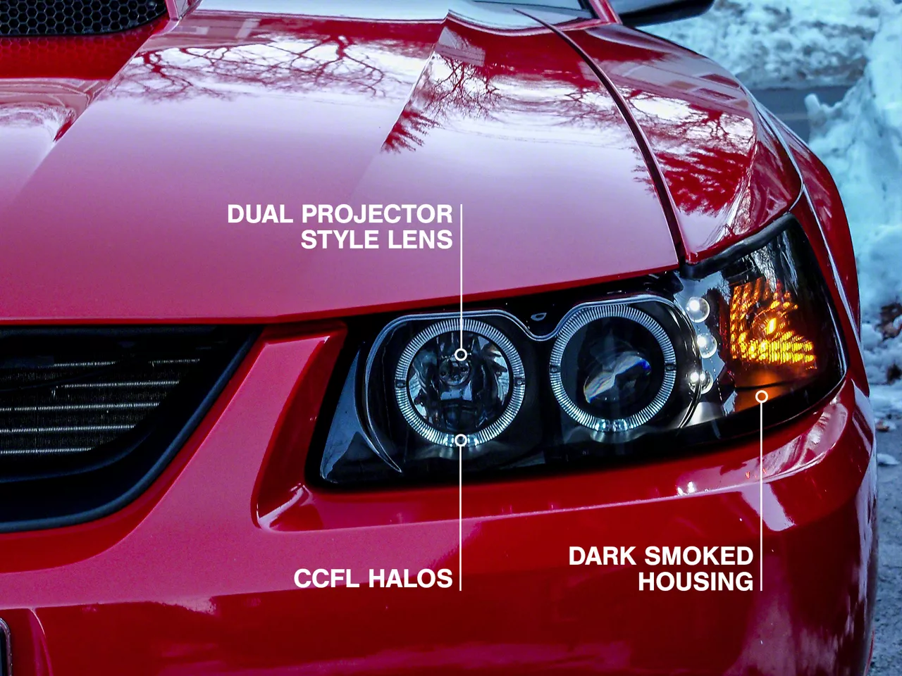 Raxiom Mustang Dual LED Halo Projector Headlights; Black