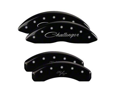 MGP Brake Caliper Covers with Cursive Challenger and R/T Logos; Black; Front and Rear (08-14 Challenger SRT8; 2015 Challenger SRT 392; 15-23 Challenger Scat Pack w/ 4-Piston Front Calipers)