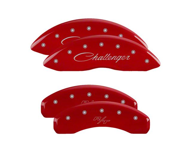 MGP Brake Caliper Covers with Cursive Challenger and R/T Logos; Red; Front and Rear (08-14 Challenger SRT8; 2015 Challenger SRT 392; 15-23 Challenger Scat Pack w/ 4-Piston Front Calipers)