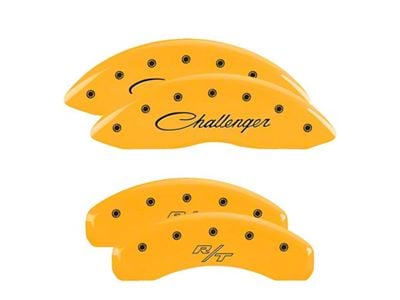 MGP Brake Caliper Covers with Cursive Challenger and R/T Logos; Yellow; Front and Rear (08-14 Challenger SRT8; 2015 Challenger SRT 392; 15-23 Challenger Scat Pack w/ 4-Piston Front Calipers)