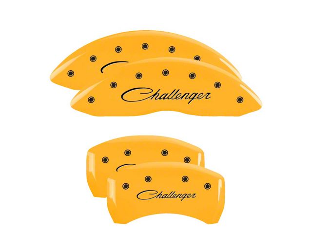 MGP Brake Caliper Covers with Cursive Challenger Logo; Yellow; Front and Rear (11-23 Challenger R/T; 2014 Challenger Rallye Redline; 17-23 Challenger GT, T/A; 12-23 Challenger SXT w/ Dual Piston Front Calipers)