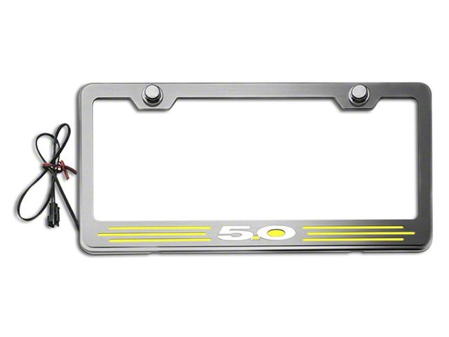 Illuminated License Plate Frame with 5.0 Logo; Yellow Inlay (Universal; Some Adaptation May Be Required)