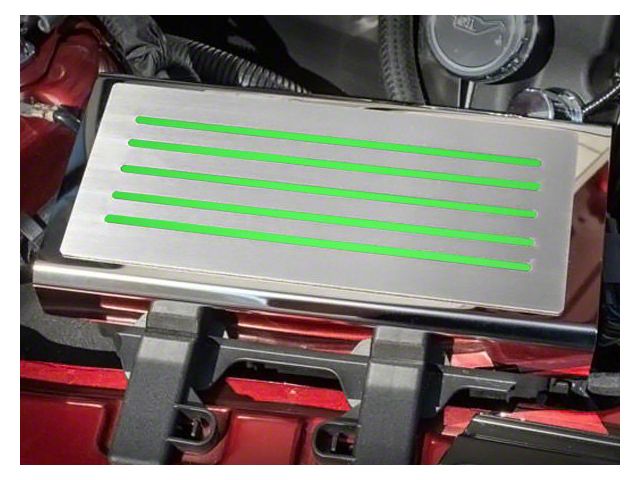 Polished/Brushed Fuse Box Cover; Bullet Green Inlay (15-23 Mustang)