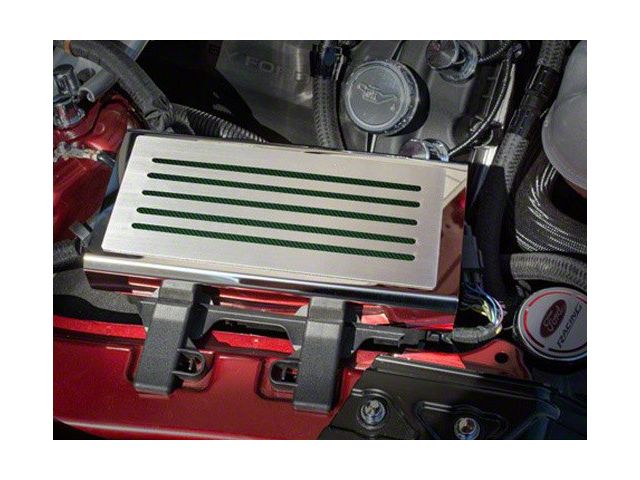 Polished/Brushed Fuse Box Cover; Green Carbon Fiber Inlay (15-23 Mustang)