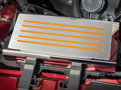 Polished/Brushed Fuse Box Cover; Orange Fury Inlay (15-23 Mustang)