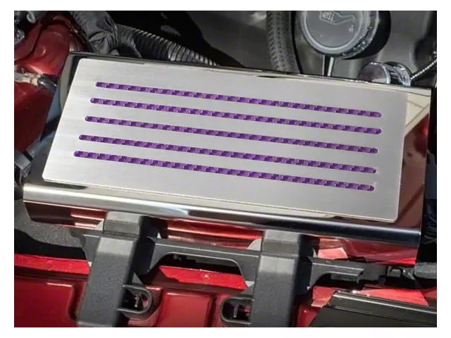 Polished/Brushed Fuse Box Cover; Purple Carbon Fiber Inlay (15-23 Mustang)