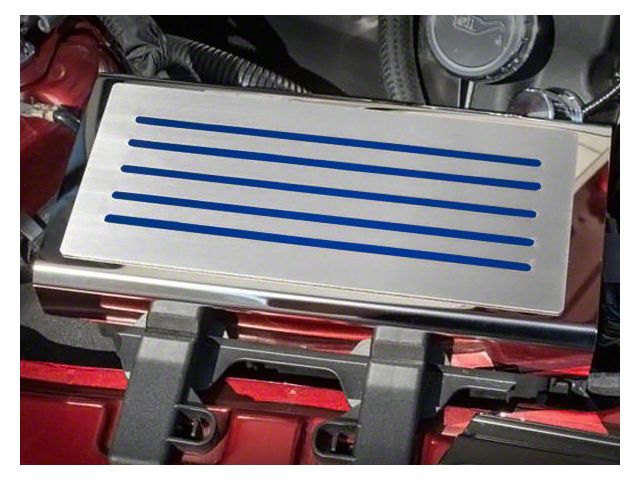 Polished/Brushed Fuse Box Cover; Solid Ford Blue Inlay (15-23 Mustang)