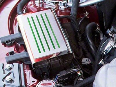 Polished/Brushed Fuse Box Cover; Solid Green Inlay (15-23 Mustang)