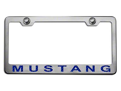 Polished/Brushed License Plate Frame with Blue Carbon Fiber 2005 Style Mustang Lettering (Universal; Some Adaptation May Be Required)