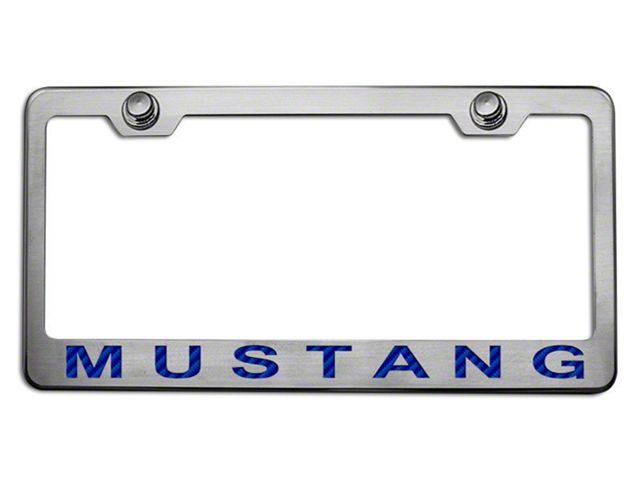 Polished/Brushed License Plate Frame with Blue Carbon Fiber 2005 Style Mustang Lettering (Universal; Some Adaptation May Be Required)