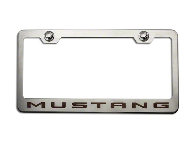 Polished/Brushed License Plate Frame with Brushed Black 2010 Style Mustang Lettering (Universal; Some Adaptation May Be Required)