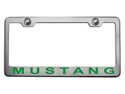 Polished/Brushed License Plate Frame with Green Carbon Fiber 2005 Style Mustang Lettering (Universal; Some Adaptation May Be Required)