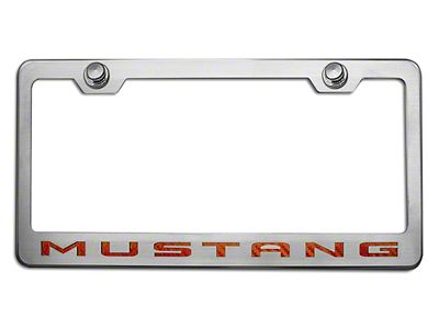 Polished/Brushed License Plate Frame with Orange Carbon Fiber 2010 Style Mustang Lettering (Universal; Some Adaptation May Be Required)