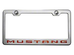 Polished/Brushed License Plate Frame with Orange Carbon Fiber 2010 Style Mustang Lettering (Universal; Some Adaptation May Be Required)