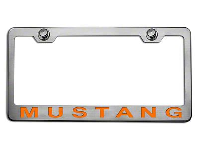 Polished/Brushed License Plate Frame with Orange Fury 2005 Style Mustang Lettering (Universal; Some Adaptation May Be Required)