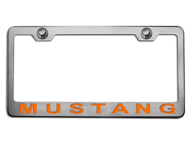 Polished/Brushed License Plate Frame with Orange Fury 2005 Style Mustang Lettering (Universal; Some Adaptation May Be Required)