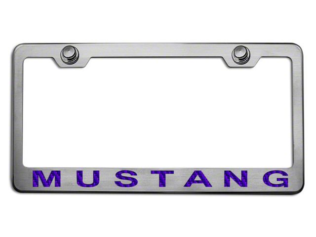 Polished/Brushed License Plate Frame with Purple Carbon Fiber 2005 Style Mustang Lettering (Universal; Some Adaptation May Be Required)