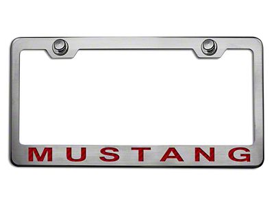 License Plate Frame with Red Carbon Fiber 2005 Style Mustang Lettering; Polished/Brushed (Universal; Some Adaptation May Be Required)