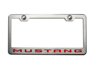 Polished/Brushed License Plate Frame with Red Carbon Fiber 2010 Style Mustang Lettering (Universal; Some Adaptation May Be Required)