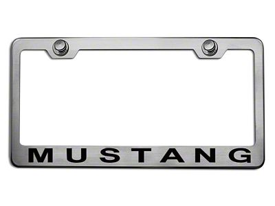 Polished/Brushed License Plate Frame with Black Solid 2005 Style Mustang Lettering (Universal; Some Adaptation May Be Required)