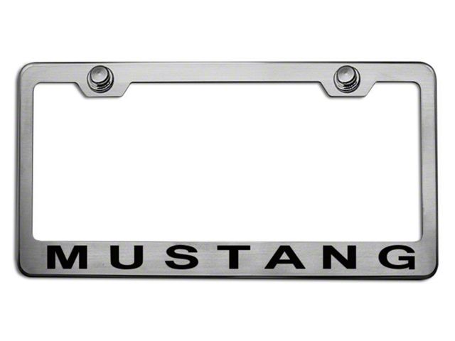 Polished/Brushed License Plate Frame with Solid Black 2005 Style Mustang Lettering (Universal; Some Adaptation May Be Required)