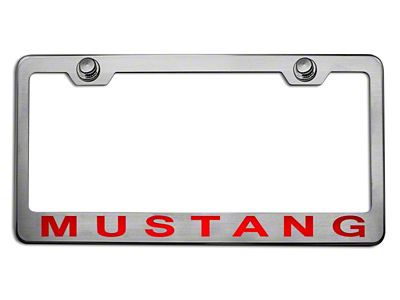 Polished/Brushed License Plate Frame with Bright Red Solid 2005 Style Mustang Lettering (Universal; Some Adaptation May Be Required)