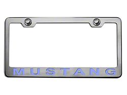 Polished/Brushed License Plate Frame with Ford Blue Solid 2005 Style Mustang Lettering (Universal; Some Adaptation May Be Required)