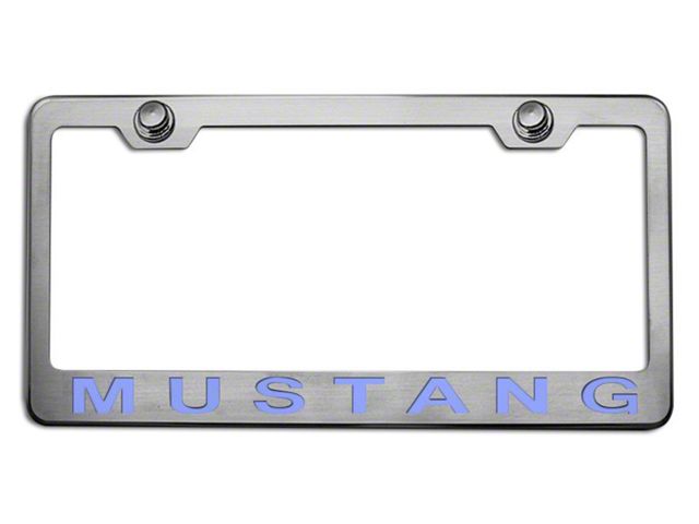 Polished/Brushed License Plate Frame with Ford Blue Solid 2005 Style Mustang Lettering (Universal; Some Adaptation May Be Required)