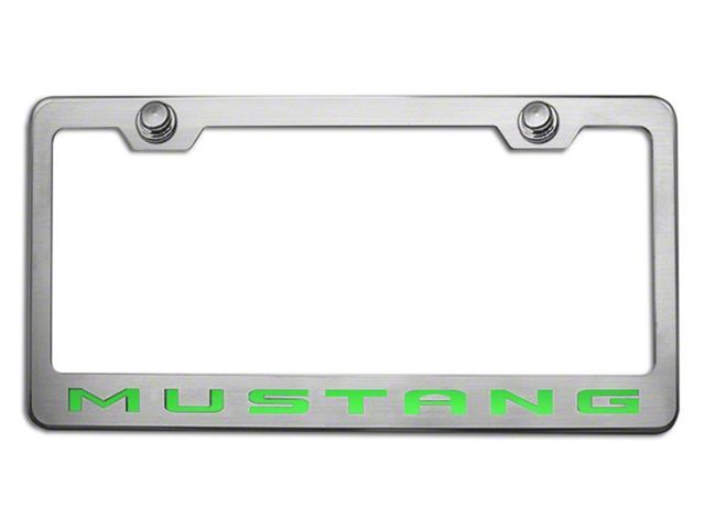 Polished/Brushed License Plate Frame with Solid Green 2010 Style Mustang Lettering (Universal; Some Adaptation May Be Required)