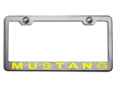 Polished/Brushed License Plate Frame with Yellow Solid 2005 Style Mustang Lettering (Universal; Some Adaptation May Be Required)