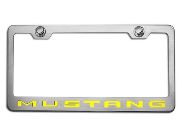 Polished/Brushed License Plate Frame with Solid Yellow 2010 Style Mustang Lettering (Universal; Some Adaptation May Be Required)
