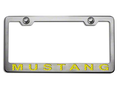 Polished/Brushed License Plate Frame with Yellow Carbon Fiber 2005 Style Mustang Lettering (Universal; Some Adaptation May Be Required)