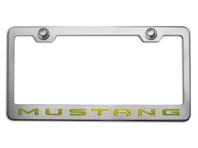 Polished/Brushed License Plate Frame with Yellow Carbon Fiber 2010 Style Mustang Lettering (Universal; Some Adaptation May Be Required)