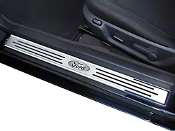 Polished/Brushed Stainless Door Sill Covers with Ford Oval Logo (10-14 Mustang)