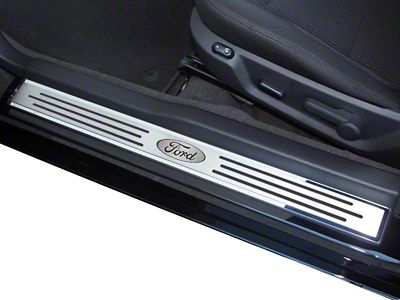 Polished/Brushed Stainless Door Sill Covers with Ford Oval Logo (10-14 Mustang)