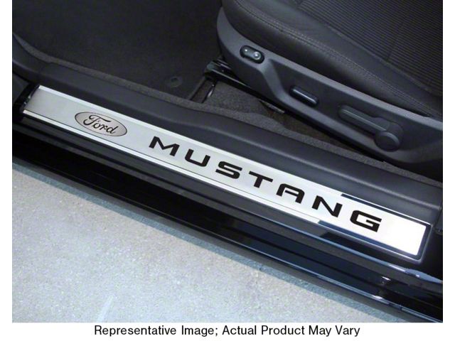 Polished/Brushed Stainless Door Sill Covers with Ford Oval and Mustang Lettering Inlays; Green Solid (10-14 Mustang)