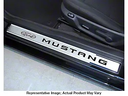 Polished/Brushed Stainless Door Sill Covers with Ford Oval and Mustang Lettering Inlays; Solid Green (10-14 Mustang)