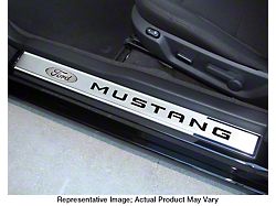 Polished/Brushed Stainless Door Sill Covers with Ford Oval and Mustang Lettering Inlays; Yellow Solid (10-14 Mustang)