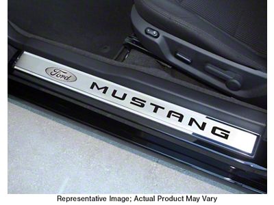 Polished/Brushed Stainless Door Sill Covers with Ford Oval and Mustang Lettering Inlays; Solid Yellow (10-14 Mustang)