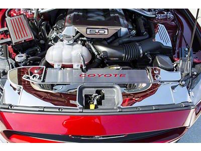 Polished Coyote Radiator Cover Vanity Plate; Bright Red Inlay Solid (15-17 Mustang GT, EcoBoost, V6)