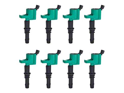 Ignition Coils; Green; Set of Eight (99-04 Mustang Cobra, Mach 1; 05-08 Mustang GT; 08-14 Mustang GT500)